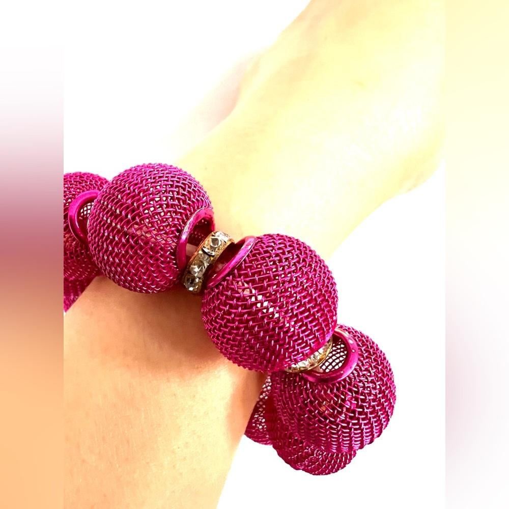 Vintage chunky Hot Pink Bracelet Stretchy Metal Mesh rheistones 6 - 7" - Picture 7 of 12